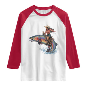 Vintage Cowgirl Riding Rainbow Trout Raglan Shirt Funny Fishing Western Rodeo TS14 White Red Print Your Wear