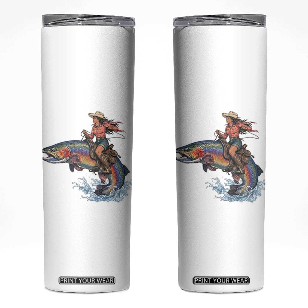 Vintage Cowgirl Riding Rainbow Trout Skinny Tumbler Funny Fishing Western Rodeo TS14 White Print Your Wear