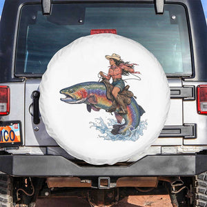 Vintage Cowgirl Riding Rainbow Trout Spare Tire Cover Funny Fishing Western Rodeo TS14 No hole White Print Your Wear