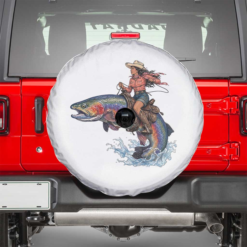 Vintage Cowgirl Riding Rainbow Trout Spare Tire Cover Funny Fishing Western Rodeo TS14 White Print Your Wear