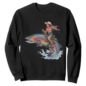 Vintage Cowgirl Riding Rainbow Trout Sweatshirt Funny Fishing Western Rodeo TS14 Black Print Your Wear