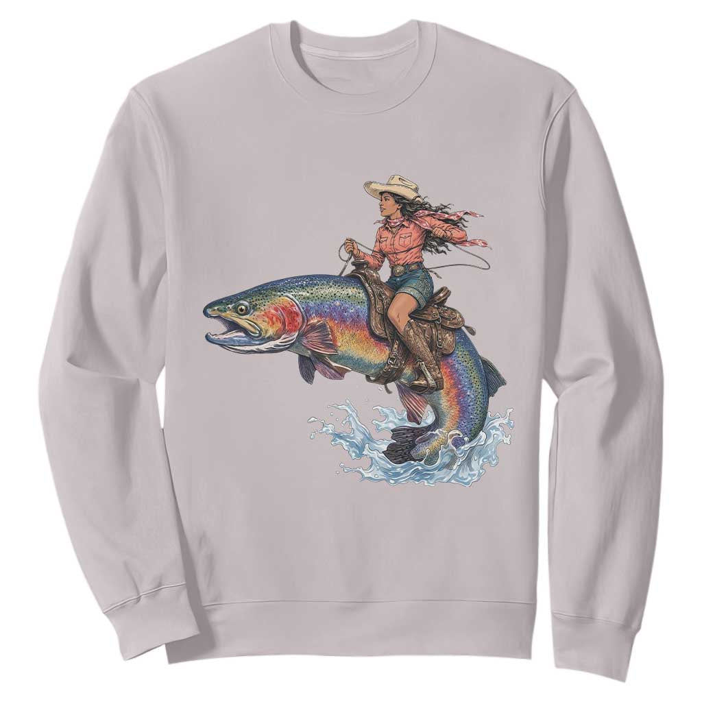 Vintage Cowgirl Riding Rainbow Trout Sweatshirt Funny Fishing Western Rodeo TS14 Ice Gray Print Your Wear