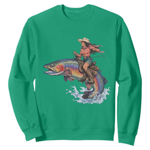 Vintage Cowgirl Riding Rainbow Trout Sweatshirt Funny Fishing Western Rodeo TS14 Irish Green Print Your Wear