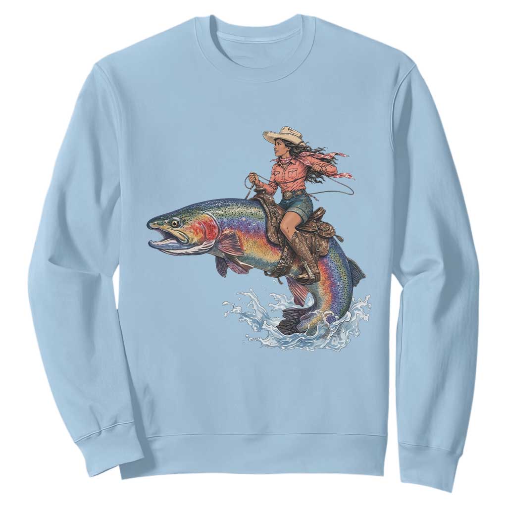 Vintage Cowgirl Riding Rainbow Trout Sweatshirt Funny Fishing Western Rodeo TS14 Light Blue Print Your Wear