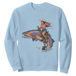 Vintage Cowgirl Riding Rainbow Trout Sweatshirt Funny Fishing Western Rodeo TS14 Light Blue Print Your Wear