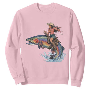 Vintage Cowgirl Riding Rainbow Trout Sweatshirt Funny Fishing Western Rodeo TS14 Light Pink Print Your Wear