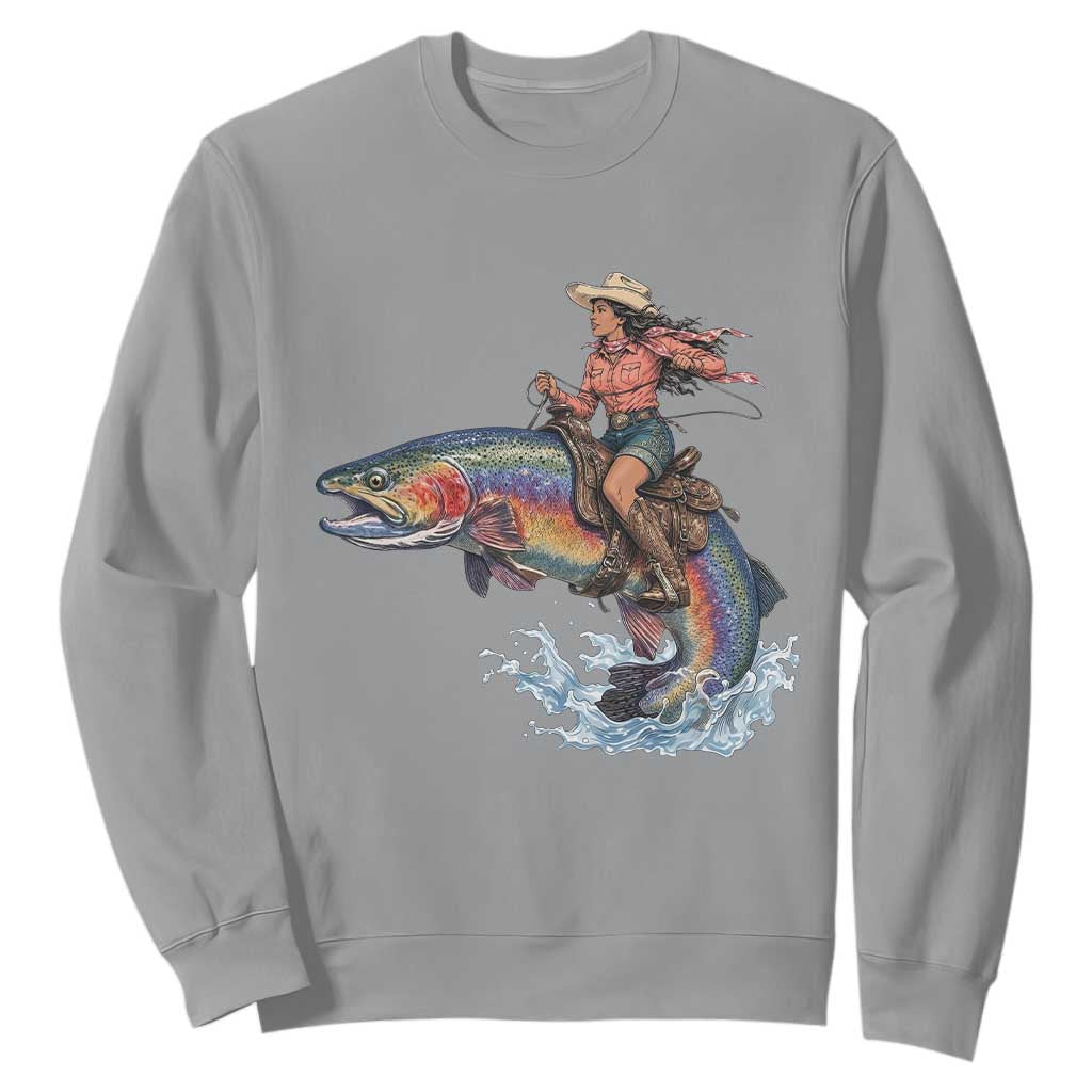 Vintage Cowgirl Riding Rainbow Trout Sweatshirt Funny Fishing Western Rodeo TS14 Sport Gray Print Your Wear