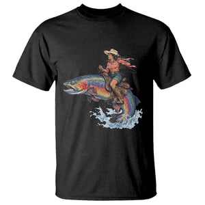 Vintage Cowgirl Riding Rainbow Trout T Shirt Funny Fishing Western Rodeo TS14 Black Print Your Wear