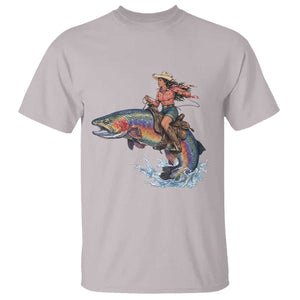 Vintage Cowgirl Riding Rainbow Trout T Shirt Funny Fishing Western Rodeo TS14 Ice Gray Print Your Wear