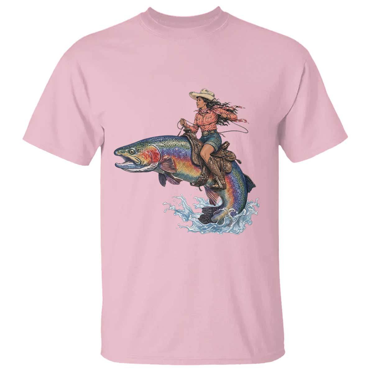 Vintage Cowgirl Riding Rainbow Trout T Shirt Funny Fishing Western Rodeo TS14 Light Pink Print Your Wear