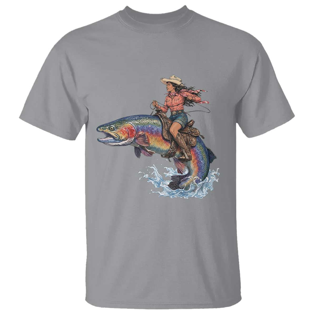 Vintage Cowgirl Riding Rainbow Trout T Shirt Funny Fishing Western Rodeo TS14 Sport Gray Print Your Wear