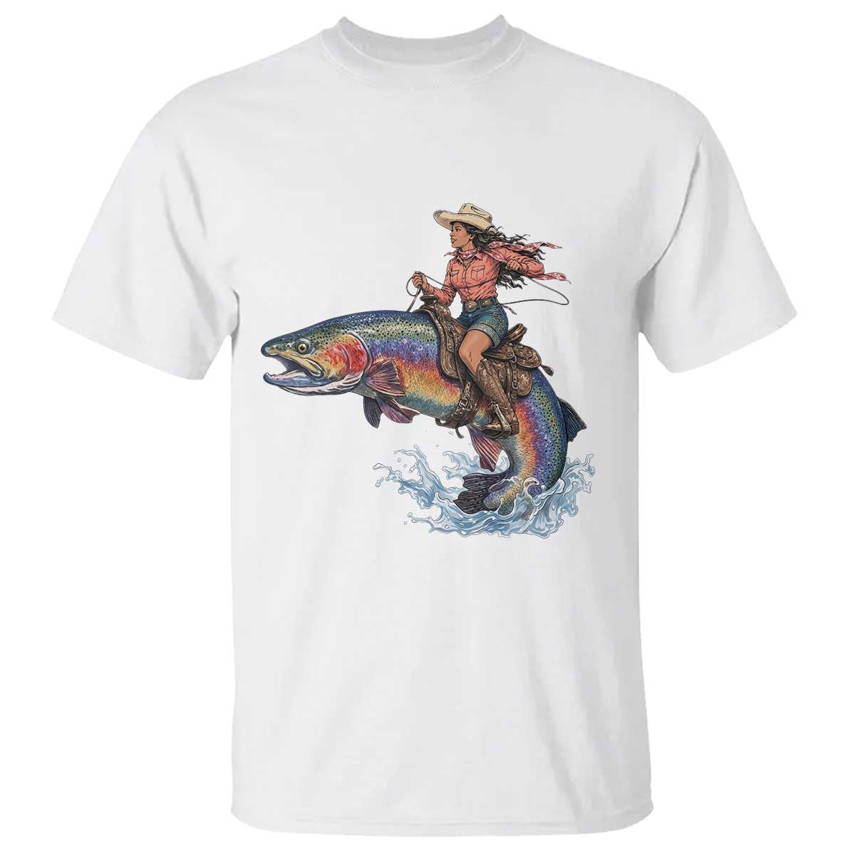 Vintage Cowgirl Riding Rainbow Trout T Shirt Funny Fishing Western Rodeo TS14 White Print Your Wear