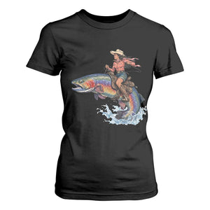 Vintage Cowgirl Riding Rainbow Trout T Shirt For Women Funny Fishing Western Rodeo TS14 Black Print Your Wear