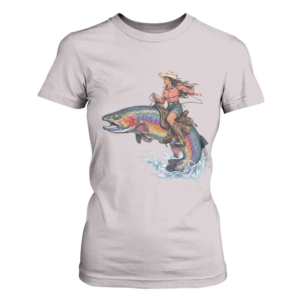 Vintage Cowgirl Riding Rainbow Trout T Shirt For Women Funny Fishing Western Rodeo TS14 Ice Gray Print Your Wear