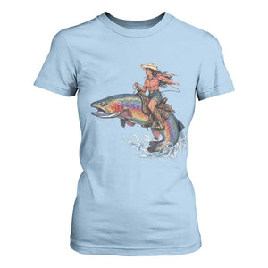 Vintage Cowgirl Riding Rainbow Trout T Shirt For Women Funny Fishing Western Rodeo TS14 Light Blue Print Your Wear