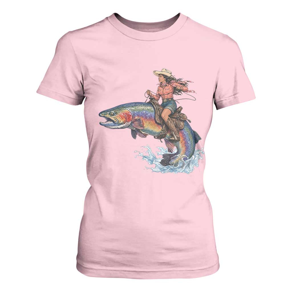 Vintage Cowgirl Riding Rainbow Trout T Shirt For Women Funny Fishing Western Rodeo TS14 Light Pink Print Your Wear