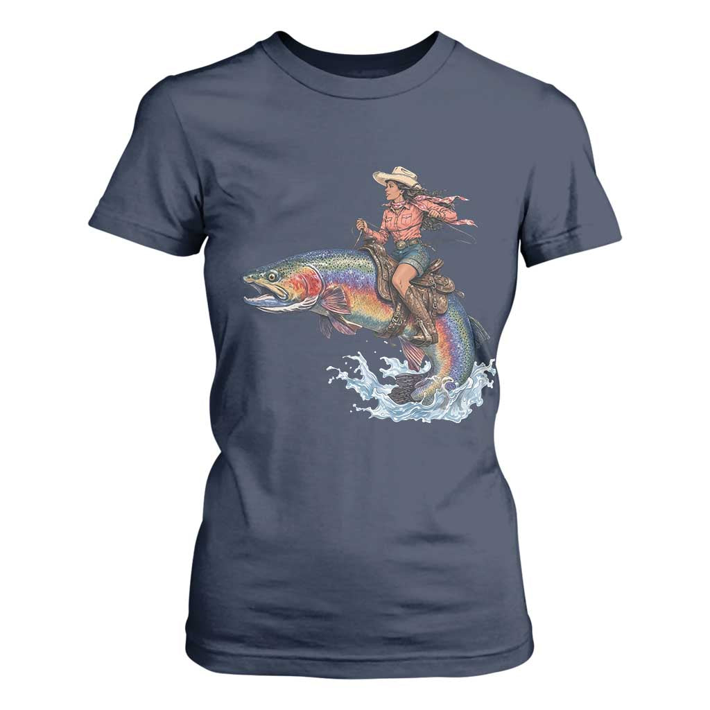 Vintage Cowgirl Riding Rainbow Trout T Shirt For Women Funny Fishing Western Rodeo TS14 Navy Print Your Wear