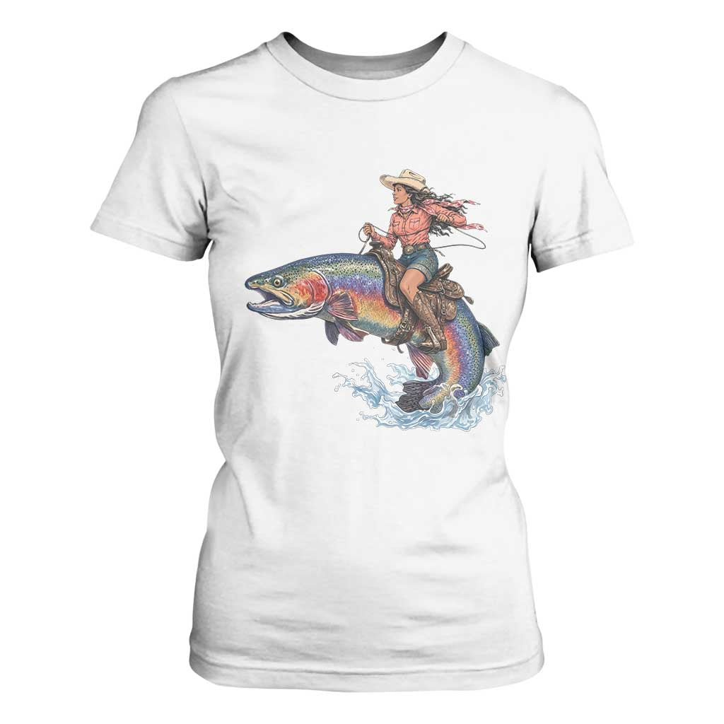 Vintage Cowgirl Riding Rainbow Trout T Shirt For Women Funny Fishing Western Rodeo TS14 White Print Your Wear