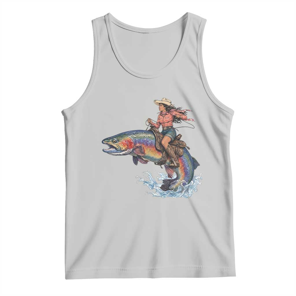 Vintage Cowgirl Riding Rainbow Trout Tank Top Funny Fishing Western Rodeo TS14 Ash Print Your Wear
