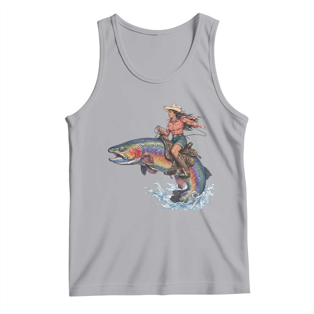 Vintage Cowgirl Riding Rainbow Trout Tank Top Funny Fishing Western Rodeo TS14 Athletic Heather Print Your Wear
