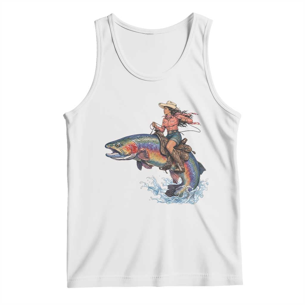 Vintage Cowgirl Riding Rainbow Trout Tank Top Funny Fishing Western Rodeo TS14 White Print Your Wear