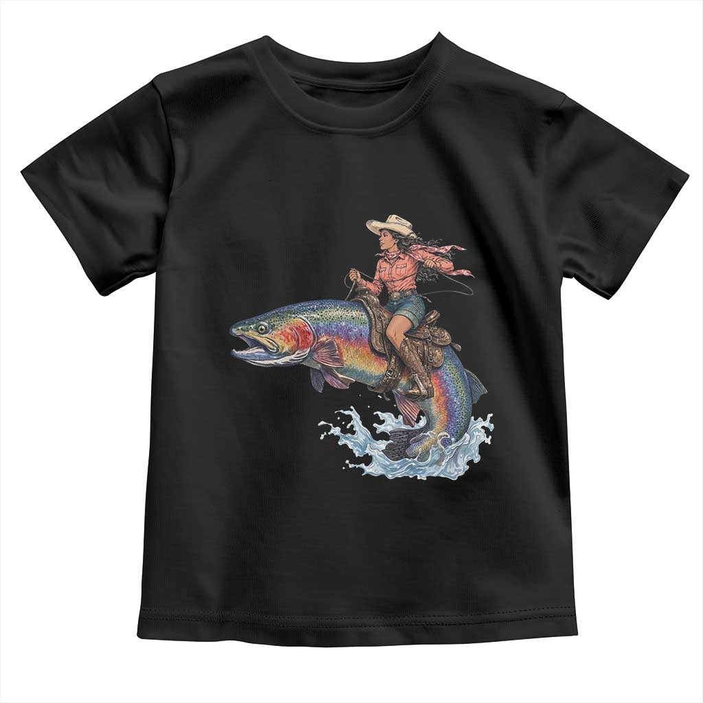 Vintage Cowgirl Riding Rainbow Trout Toddler T Shirt Funny Fishing Western Rodeo TS14 Black Print Your Wear