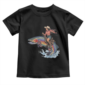 Vintage Cowgirl Riding Rainbow Trout Toddler T Shirt Funny Fishing Western Rodeo TS14 Black Print Your Wear
