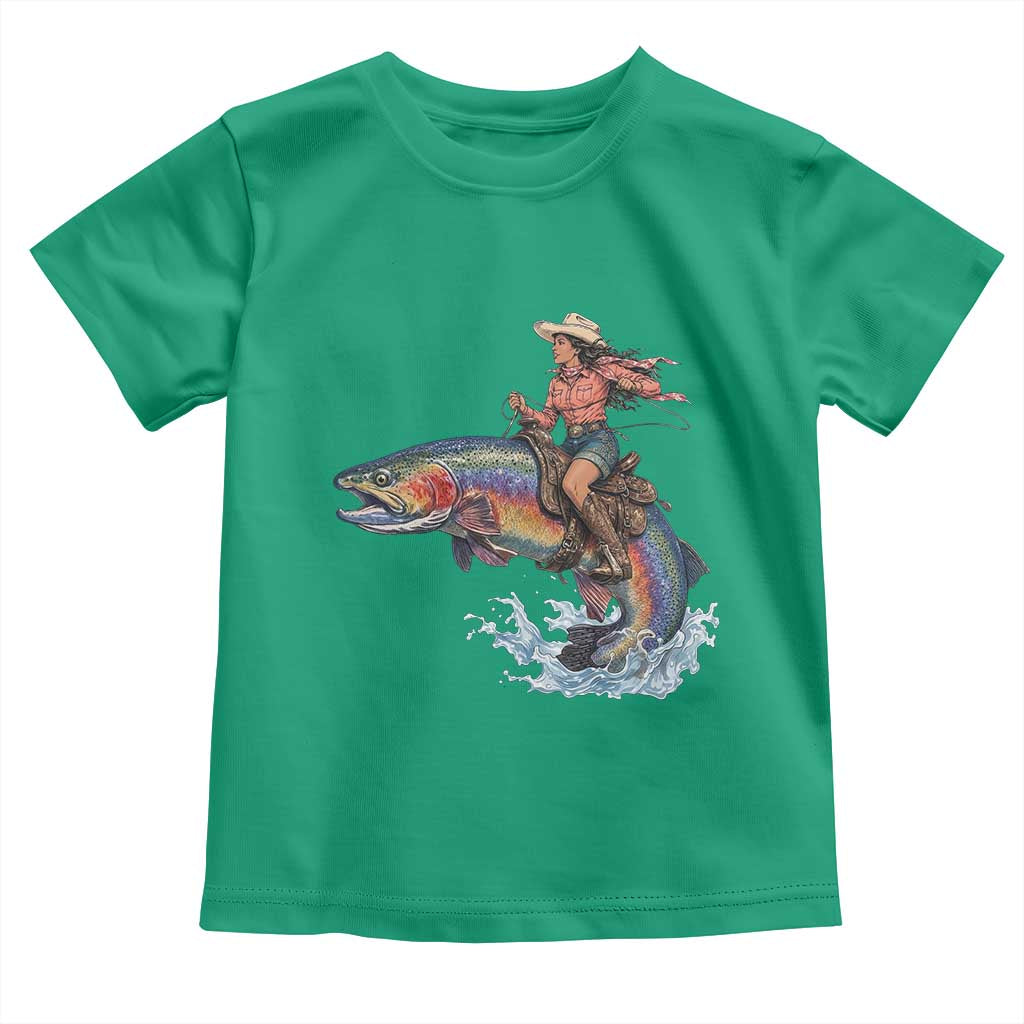 Vintage Cowgirl Riding Rainbow Trout Toddler T Shirt Funny Fishing Western Rodeo TS14 Irish Green Print Your Wear