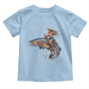Vintage Cowgirl Riding Rainbow Trout Toddler T Shirt Funny Fishing Western Rodeo TS14 Light Blue Print Your Wear