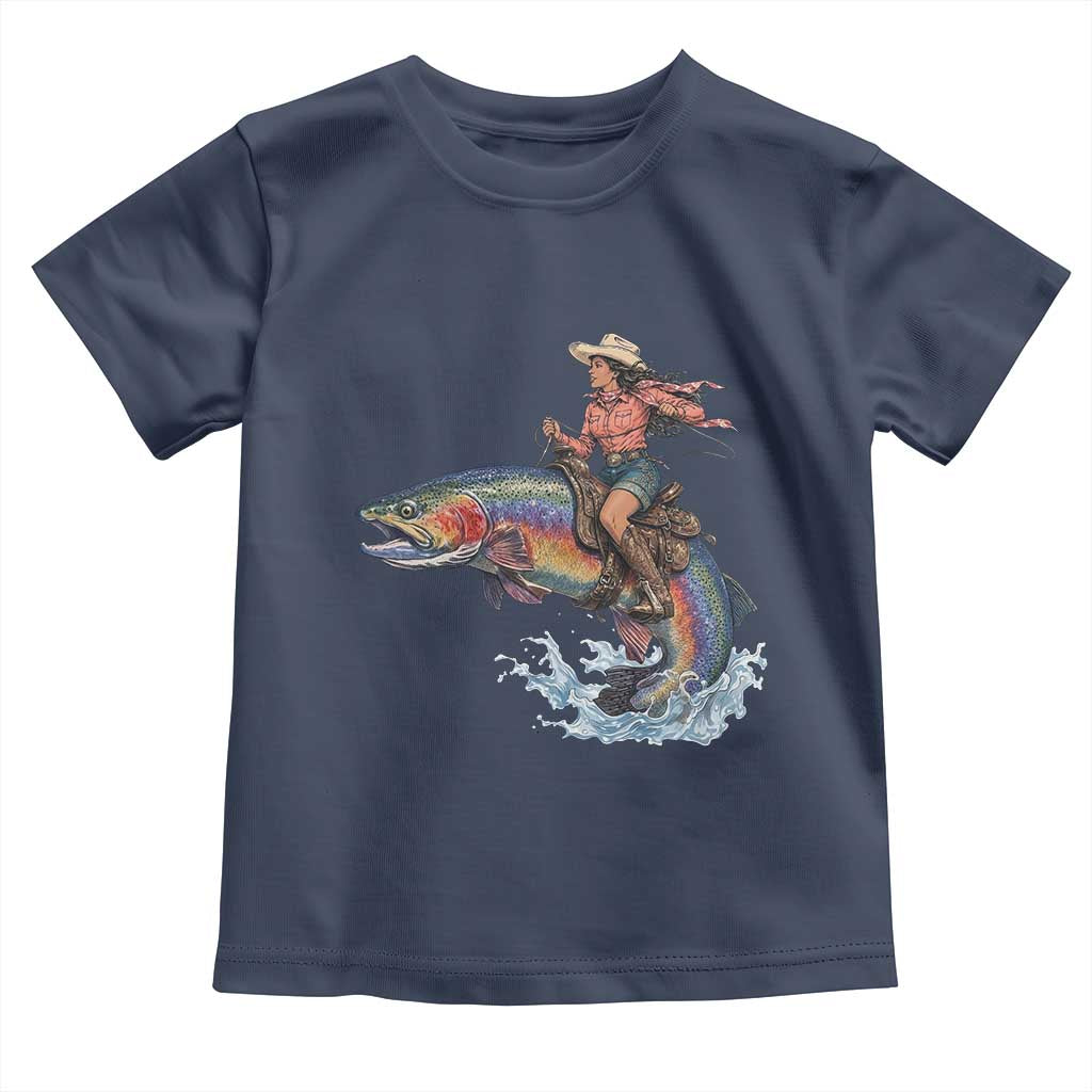 Vintage Cowgirl Riding Rainbow Trout Toddler T Shirt Funny Fishing Western Rodeo TS14 Navy Print Your Wear