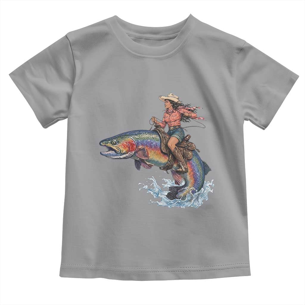 Vintage Cowgirl Riding Rainbow Trout Toddler T Shirt Funny Fishing Western Rodeo TS14 Sport Gray Print Your Wear