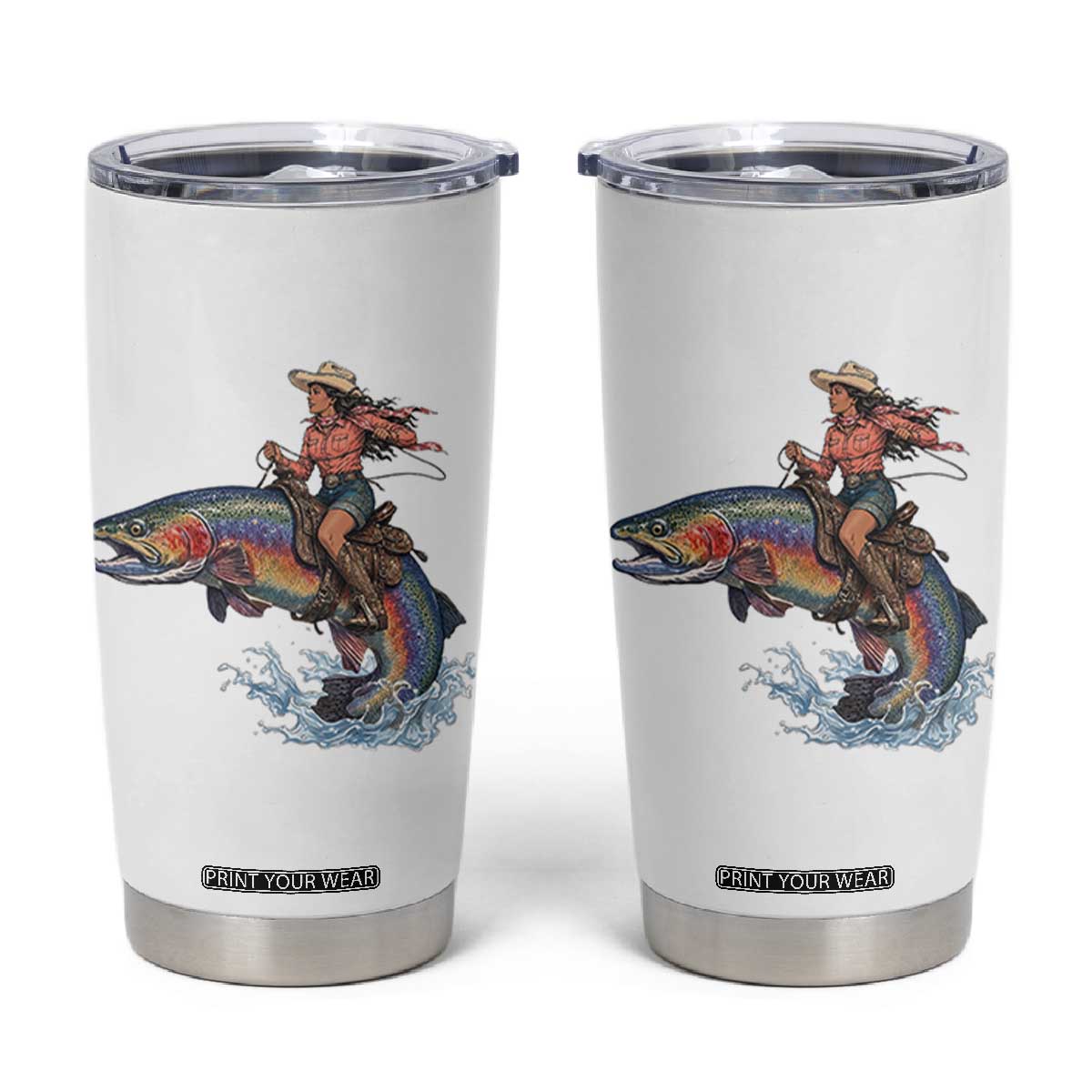 Vintage Cowgirl Riding Rainbow Trout Tumbler Cup Funny Fishing Western Rodeo TS14 White Print Your Wear