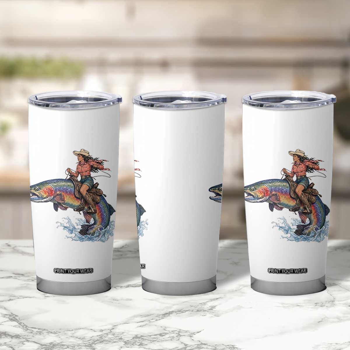 Vintage Cowgirl Riding Rainbow Trout Tumbler Cup Funny Fishing Western Rodeo TS14 Print Your Wear