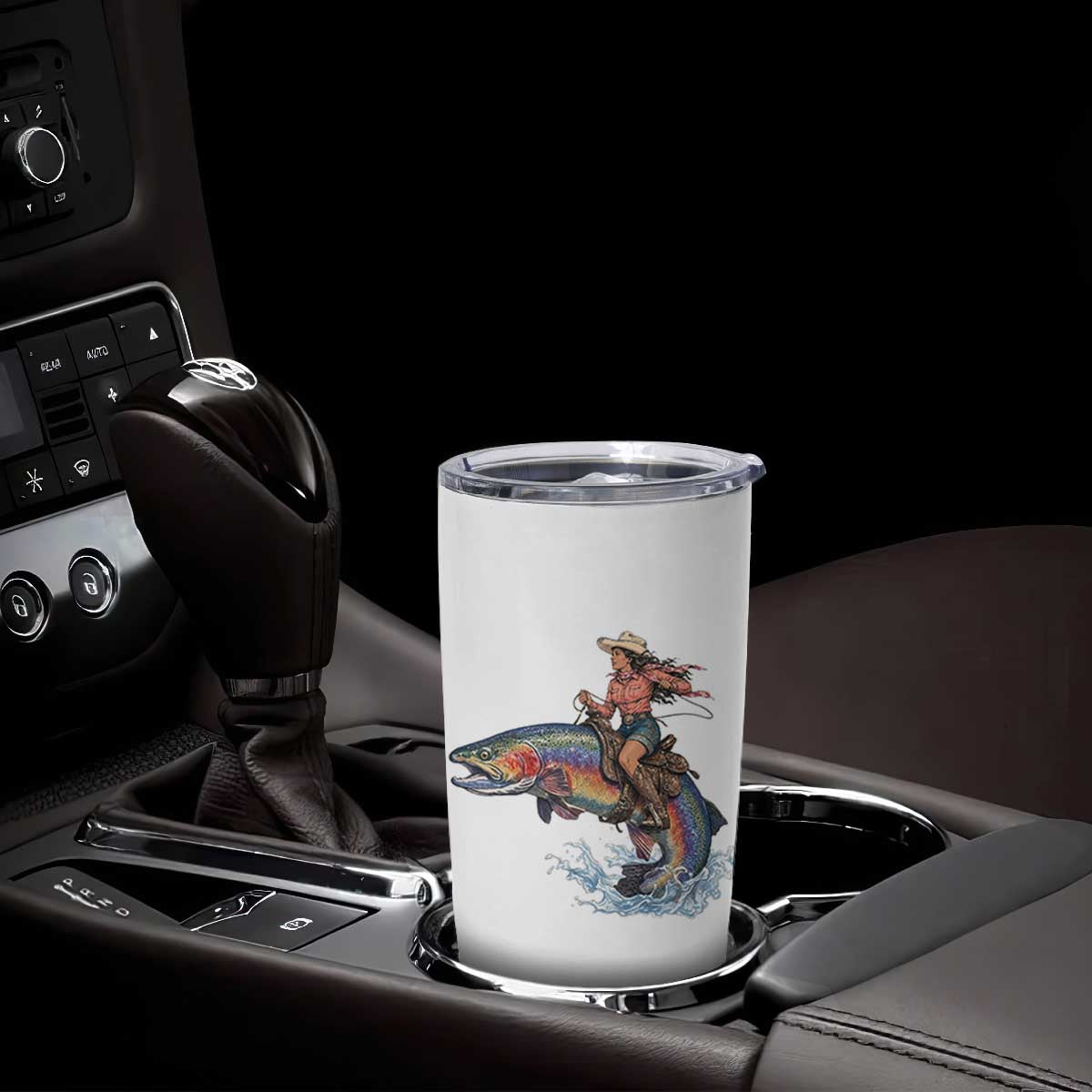 Vintage Cowgirl Riding Rainbow Trout Tumbler Cup Funny Fishing Western Rodeo TS14 Print Your Wear