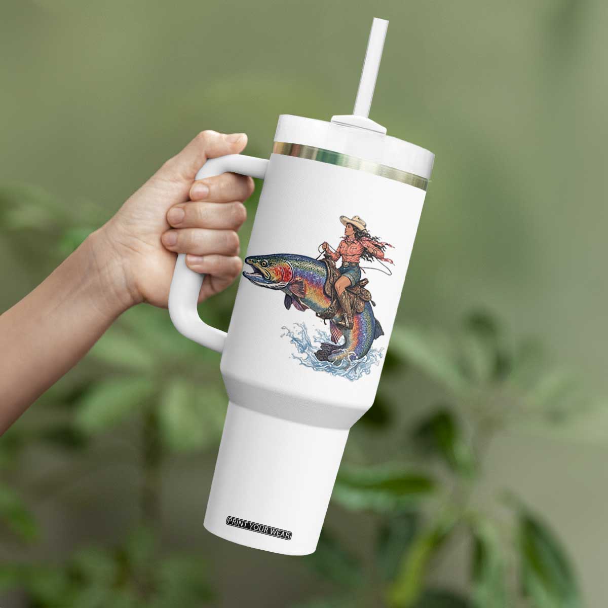 Vintage Cowgirl Riding Rainbow Trout Tumbler With Handle Funny Fishing Western Rodeo TS14 Print Your Wear