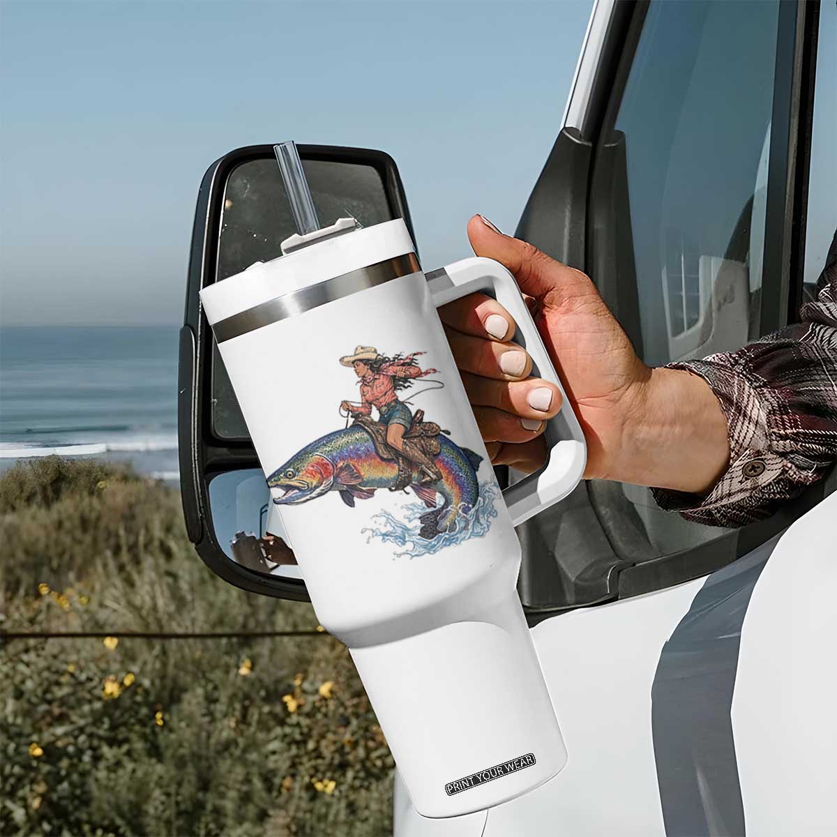 Vintage Cowgirl Riding Rainbow Trout Tumbler With Handle Funny Fishing Western Rodeo TS14 Print Your Wear