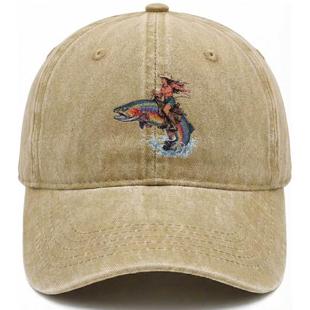 Vintage Cowgirl Riding Rainbow Trout Washed Cotton Baseball Cap Funny Fishing Western Rodeo TS14 Print Your Wear