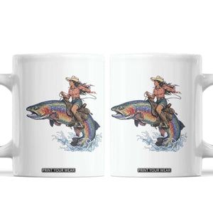Vintage Cowgirl Riding Rainbow Trout Coffee Mug Funny Fishing Western Rodeo TS14 White Print Your Wear