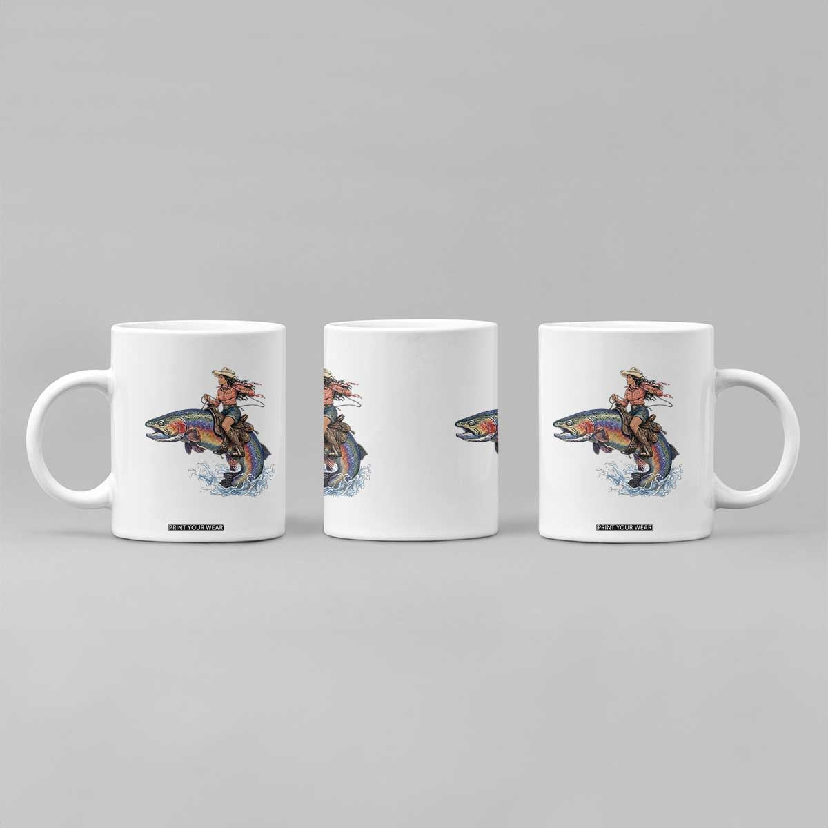 Vintage Cowgirl Riding Rainbow Trout Coffee Mug Funny Fishing Western Rodeo TS14 Print Your Wear