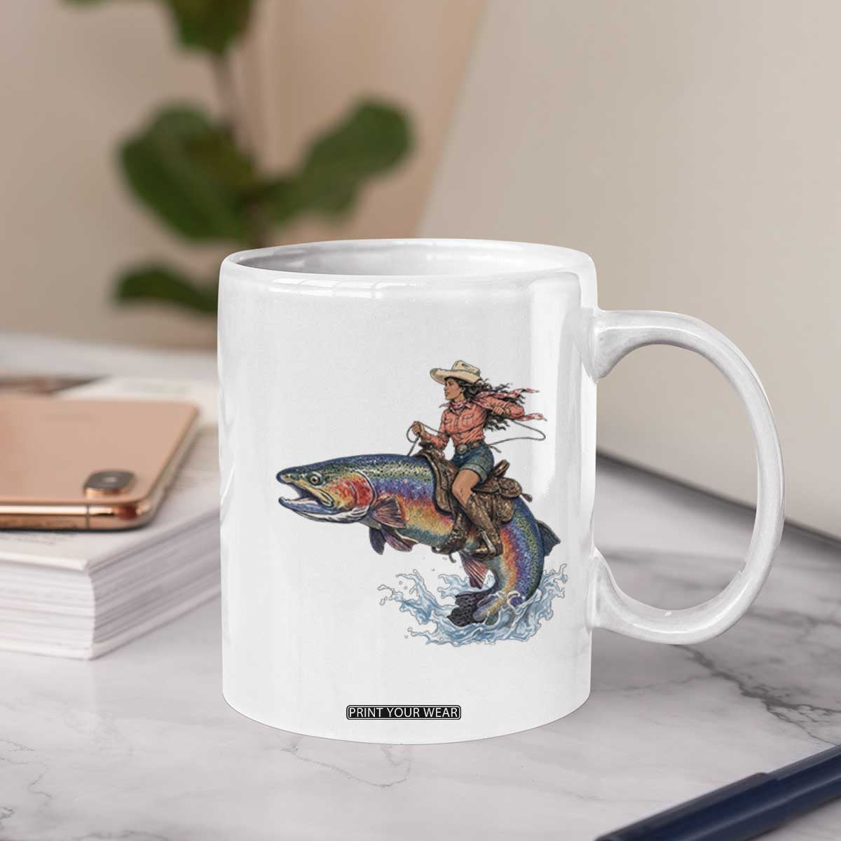 Vintage Cowgirl Riding Rainbow Trout Coffee Mug Funny Fishing Western Rodeo TS14 Print Your Wear