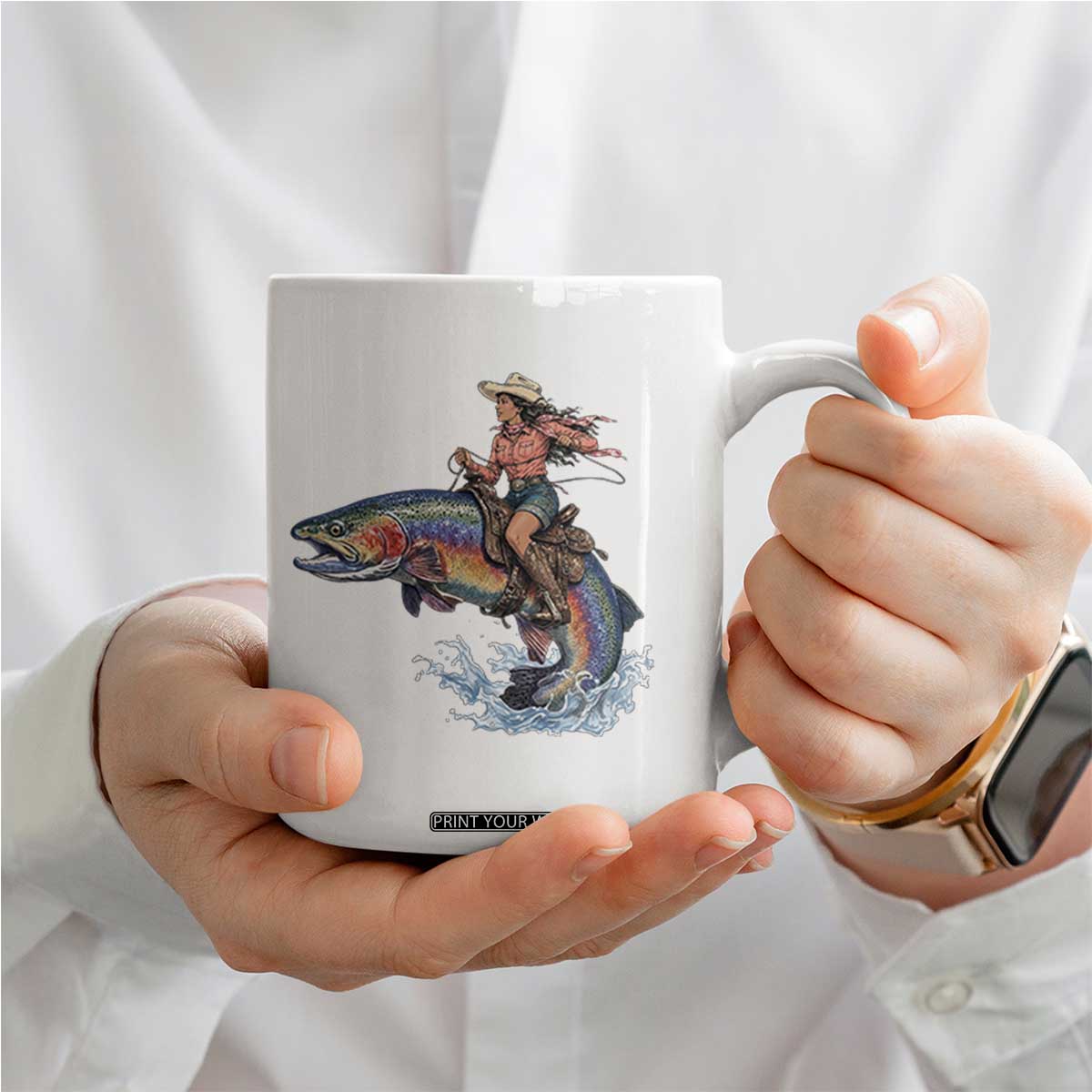 Vintage Cowgirl Riding Rainbow Trout Coffee Mug Funny Fishing Western Rodeo TS14 Print Your Wear