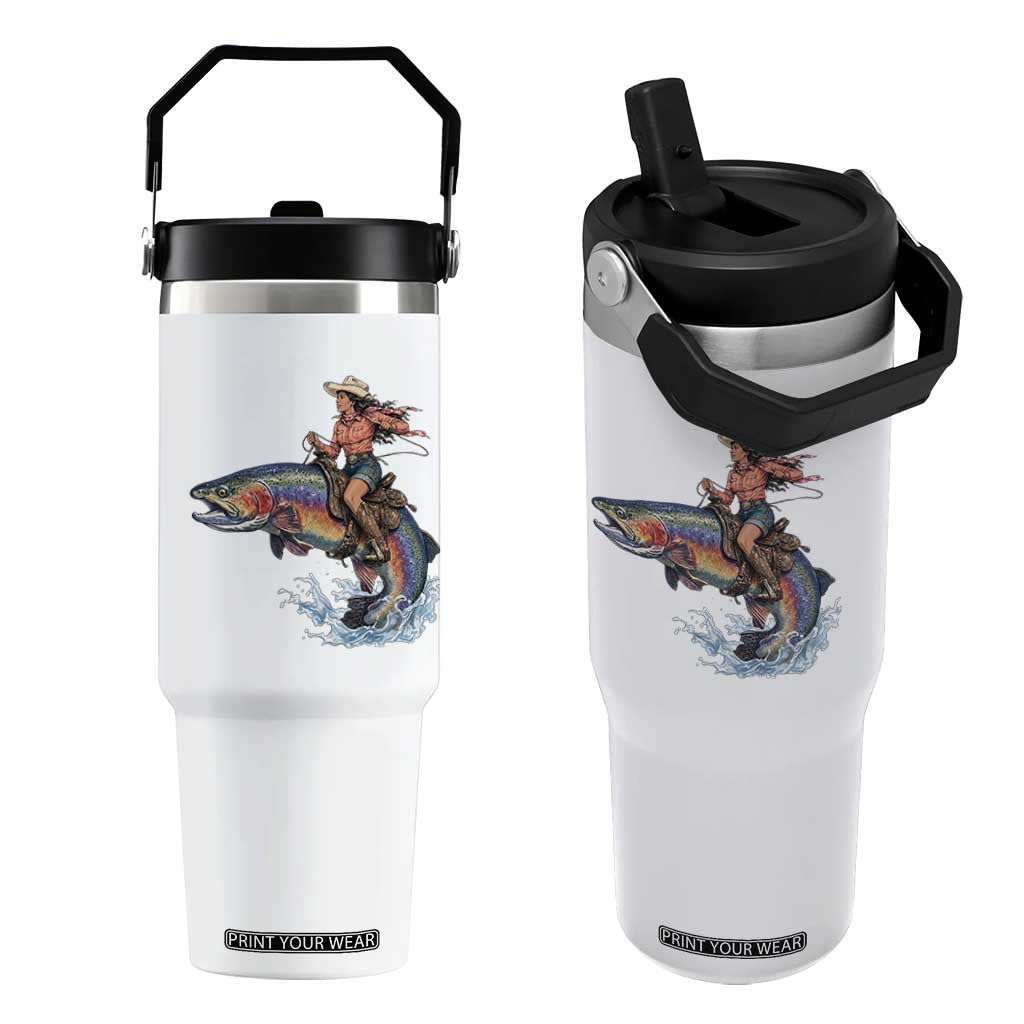 Vintage Cowgirl Riding Rainbow Trout Flip Straw Tumbler Funny Fishing Western Rodeo TS14 One Size: 30 oz White Print Your Wear