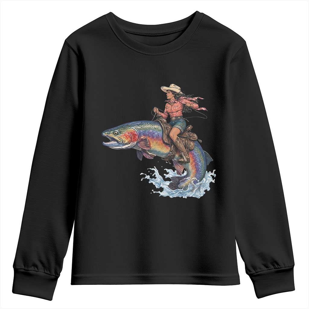 Vintage Cowgirl Riding Rainbow Trout Youth Sweatshirt Funny Fishing Western Rodeo TS14 Black Print Your Wear
