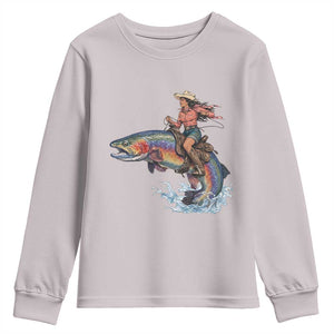 Vintage Cowgirl Riding Rainbow Trout Youth Sweatshirt Funny Fishing Western Rodeo TS14 Ice Gray Print Your Wear