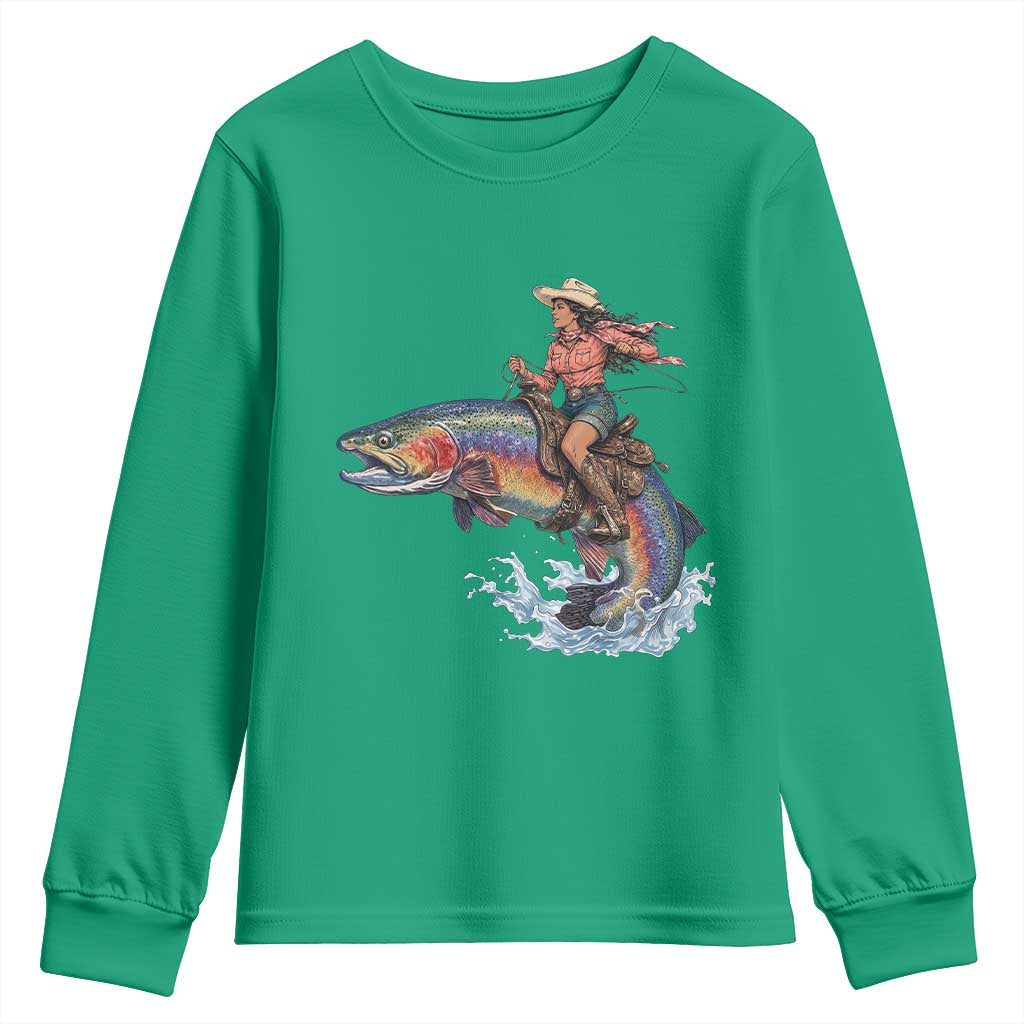 Vintage Cowgirl Riding Rainbow Trout Youth Sweatshirt Funny Fishing Western Rodeo TS14 Irish Green Print Your Wear