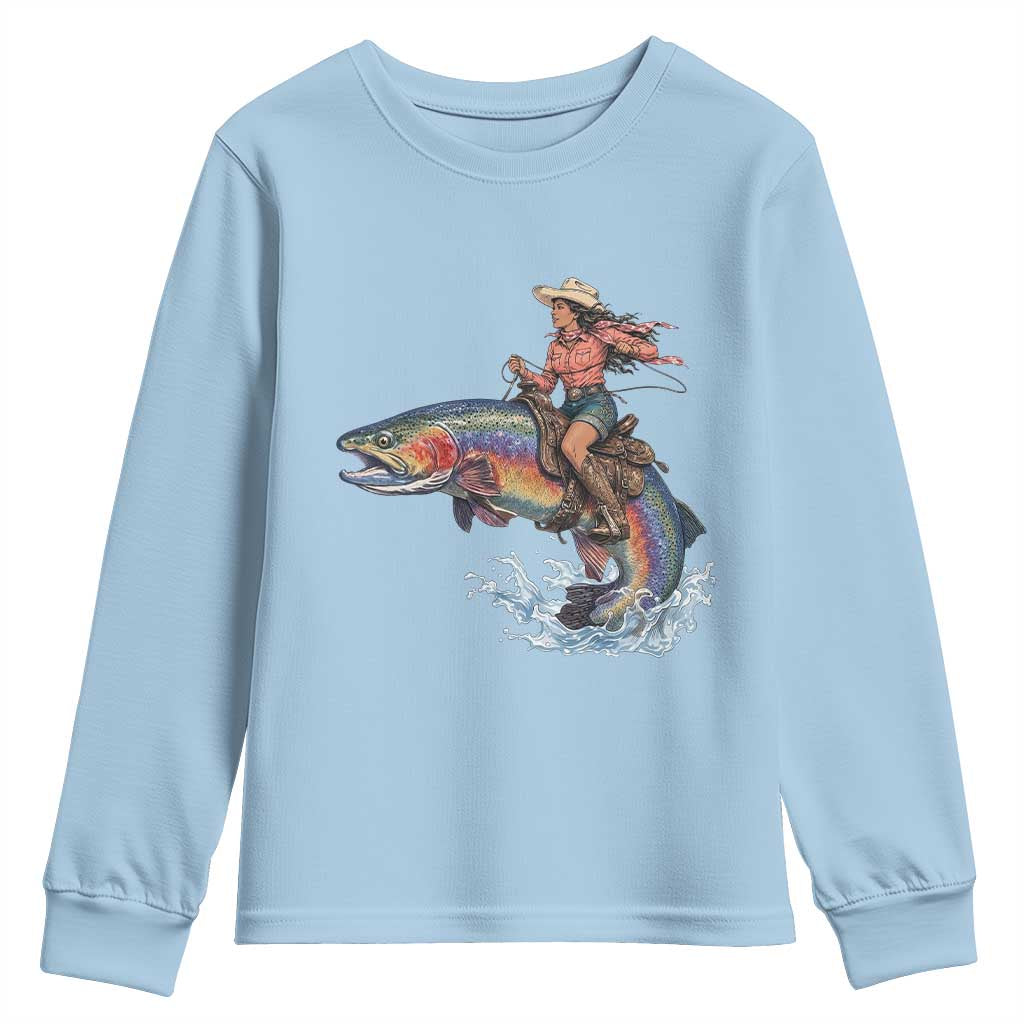 Vintage Cowgirl Riding Rainbow Trout Youth Sweatshirt Funny Fishing Western Rodeo TS14 Light Blue Print Your Wear