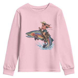 Vintage Cowgirl Riding Rainbow Trout Youth Sweatshirt Funny Fishing Western Rodeo TS14 Light Pink Print Your Wear