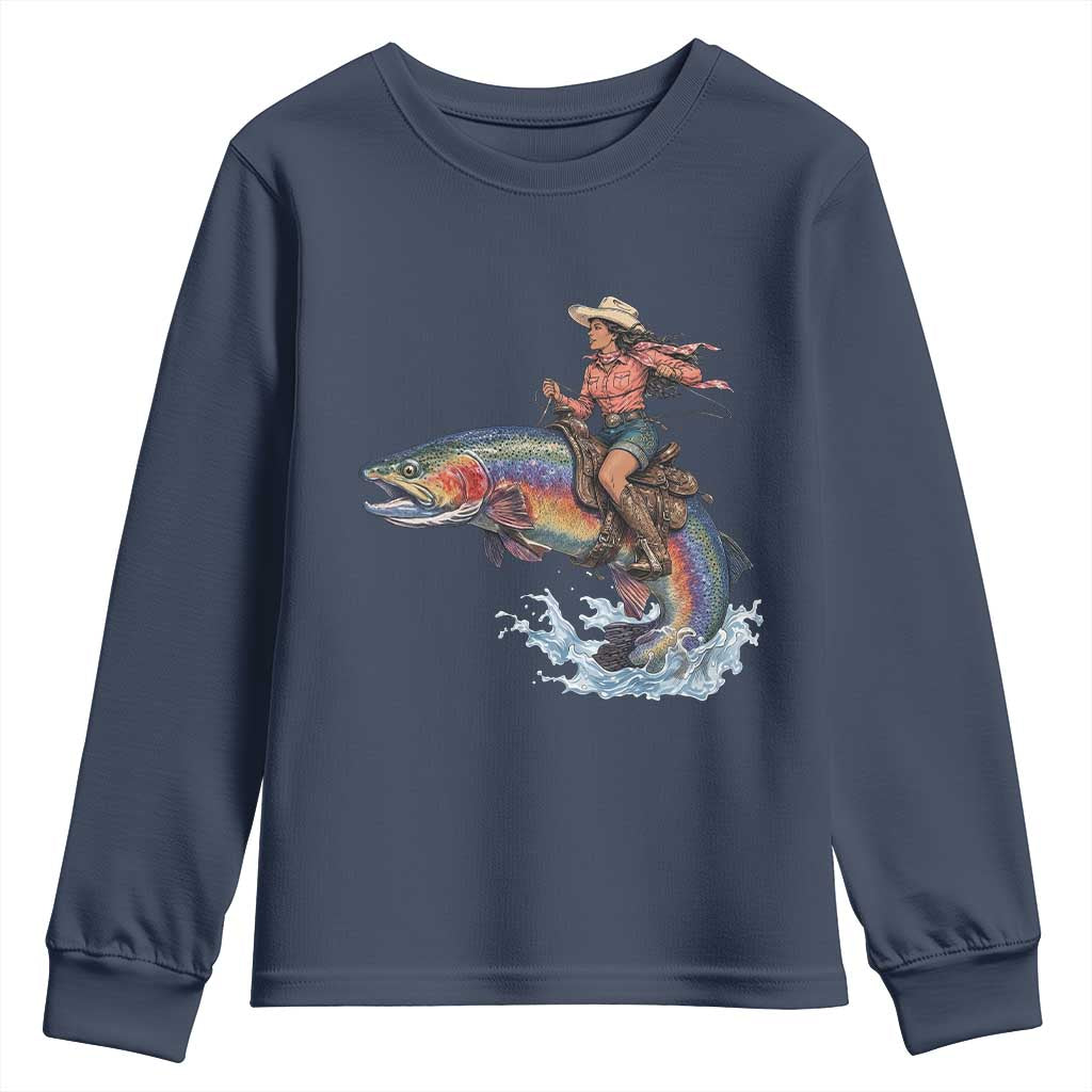 Vintage Cowgirl Riding Rainbow Trout Youth Sweatshirt Funny Fishing Western Rodeo TS14 Navy Print Your Wear