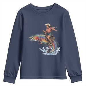 Vintage Cowgirl Riding Rainbow Trout Youth Sweatshirt Funny Fishing Western Rodeo TS14 Navy Print Your Wear