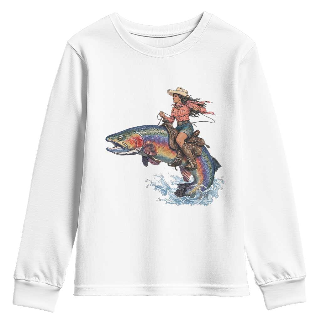 Vintage Cowgirl Riding Rainbow Trout Youth Sweatshirt Funny Fishing Western Rodeo TS14 White Print Your Wear